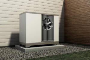 Air source heat pump standing outside the building.