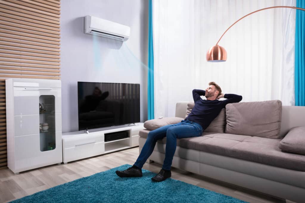Man relaxing on couch with heat pump